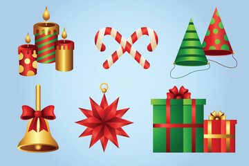Bright and cheerful illustration of candy canes, ornaments, gifts, and holiday decorations on a light background. Perfect for greeting cards, banners, and festive print designs.