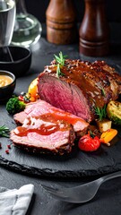 Roast beef, vegetables on black slate