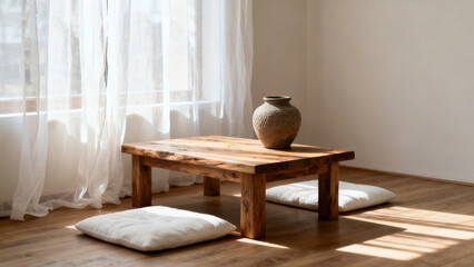 Wabi-Sabi Style Wooden Low Table Sunlit Interior Scene