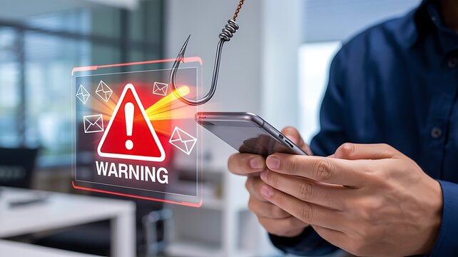 Cybersecurity phishing warning with digital threat alert appearing above smartphone

