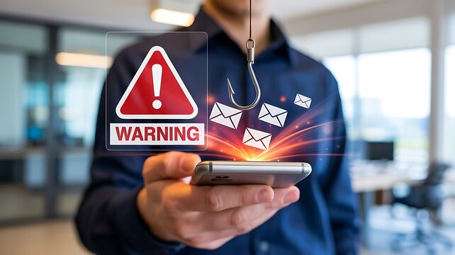 Cybersecurity phishing warning with digital threat alert appearing above smartphone
