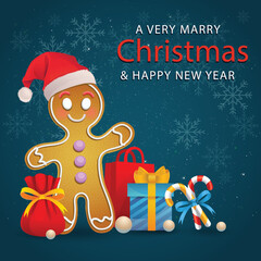 Cute Christmas greeting featuring a gingerbread man, gifts, and festive decorations on a snowy background. Ideal for cards, posters, and holiday social media graphics.