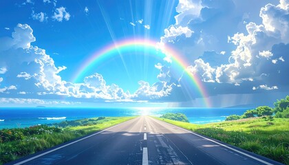 Road stretches to rainbow & ocean