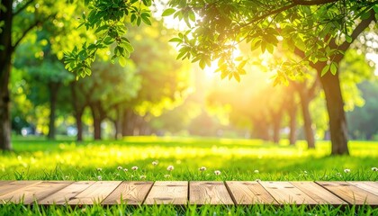 Sunlit trees & grass behind wood