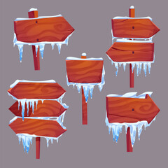 Set of wooden signboards covered with snow and icicles, ideal for winter themes, holiday branding, maps, and cold-season design projects.
