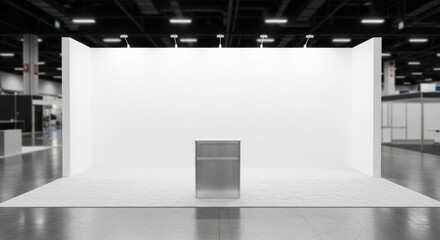 An empty trade show booth stands ready for exhibitors to customize and showcase their products or services at a convention center event professional stock photography content