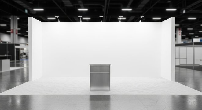 An empty trade show booth stands ready for exhibitors to customize and showcase their products or services at a convention center event professional stock photography content