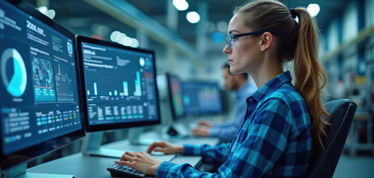 Woman engineer works with computer at tech factory. Female pro analyst types at pc with graphs. Workplace equipped with modern screens, displaying business data. Specialist in blue shirt sitting.