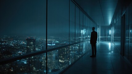 Fototapeta premium Silhouette of businessman standing alone in modern glass corridor at night overlooking illuminated city skyline symbolizing solitude ambition and corporate success
