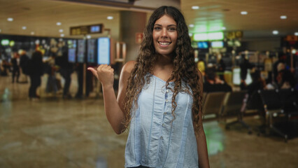 Fototapeta premium Hispanic woman points thumb to departure board at busy airport terminal with seats and travelers in view; anticipation travel.