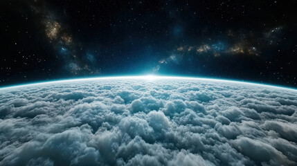 Cloud layer horizon sunrise over planet with distant galaxy glow