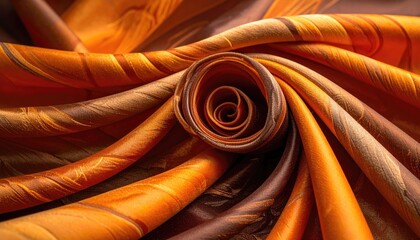 Swirled golden-brown silk fabric close up