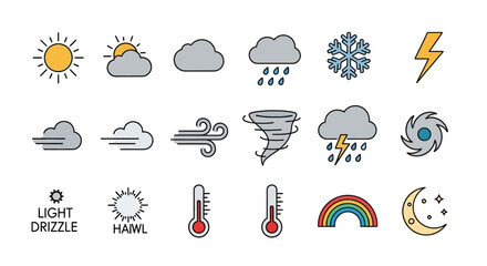 Obraz premium Clean line art depicts various weather icons, including sun, clouds, rain, and a tornado, arranged in rows against a white background, creating a bright and informative