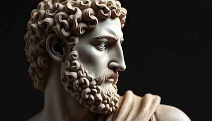 Greek marble bust of a man with curly hair and beard. Detailed profile view of ancient sculpture. Classic stone head representing history and art. Timeless artifact.