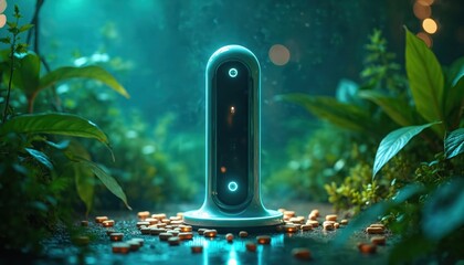 Futuristic wellness tech device stands in rich plants. Glowing digital interface merges with nature setting. Concept of biohacking and longevity, future of health and wellbeing