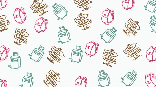 happy holiday animated seamless loop pattern perfect for travel blogs, social media posts, and vacation themed designs, featuring suitcases luggage, backpack and travel signs.