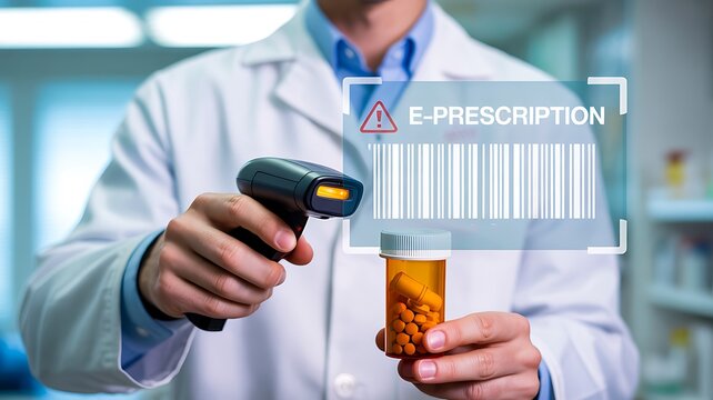 Medical professional scanning medicine bottle for digital e prescription barcode system
