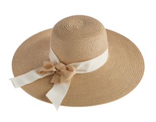 Wide-brimmed straw hat with ivory ribbon detail