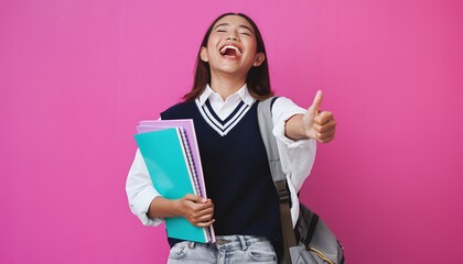 Happy young female student wearing school uniform holding books with a thumb up. Concept for educational content, youth lifestyle and campus life