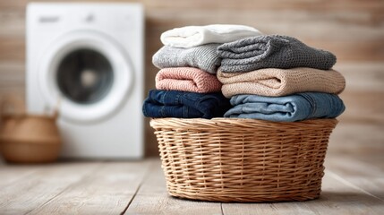 Obraz premium Freshly folded laundry in a wicker basket, ready for the next wash