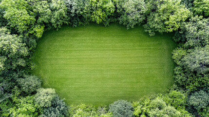Green lawn clearing framed by dense forest canopy, serene aerial view with natural calm