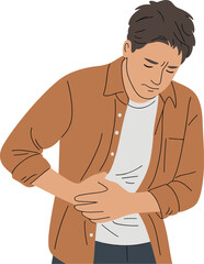 Man holding his stomach in pain, illustration of abdominal discomfort, stomachache or cramps, health and medical symptom concept in vector style