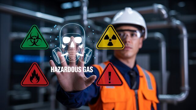 Industrial worker using virtual hazard interface to detect dangerous toxic gas warning

