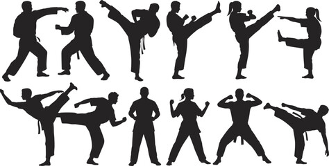 karate, taekwondo, martial, fighter, kick, defense, combat, silhouette, training, action, pose, sparring, self-defense, martialarts, vector
