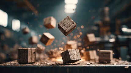 Wooden blocks levitating in a workshop, with sparks and sawdust