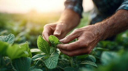 Farmer inspecting soybean plants in a field during the growing season