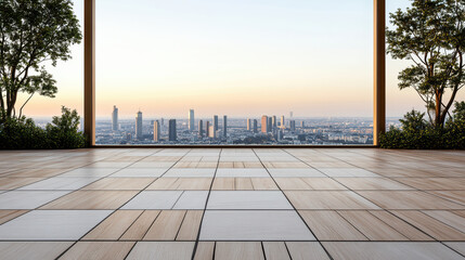 Fototapeta premium Spacious rooftop terrace with wood tile floor and city skyline at dusk, serene mood
