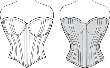 Strapless corset technical fashion illustration with structured boning, contour seams, garment flats on model outline, detailed sewing construction design