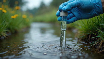 Gloved hand holds a test tube. Tube contains water sample in nature. Eco analysis of river water is in process. Scientist studies water purity in laboratory or outdoors.