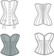 Vector technical fashion illustration of women’s corsets with front busk closure, back lacing, structured boning seams, garment flats, and design templates