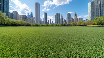 Fototapeta premium Green lawn foreground with city skyline and blue sky, peaceful urban park scene