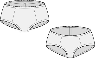 Women’s lace-trim underwear technical drawing showing front and back views of classic briefs with detailed seams, garment outline, sewing pattern, and lingerie design vector