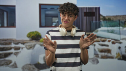 Teenage boy wearing headphones raises both hands palms out in front of studio backdrop showing a modern building facade; awkward playful shrug.