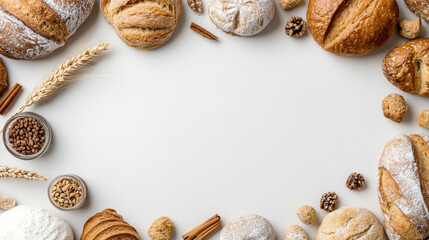 Artisan bread assortment on white background with warm inviting bakery mood