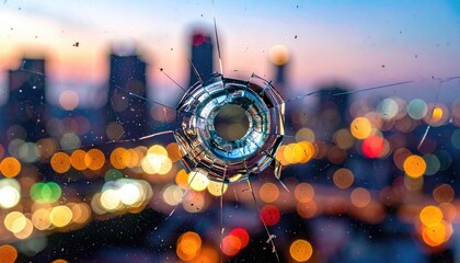 Bullet hole in glass, city lights bokeh