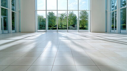 Fototapeta premium Bright sunlit lobby with clean tile floor and gentle window shadows creating calm
