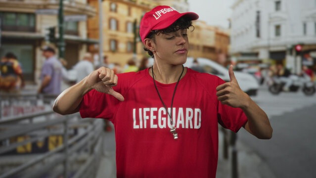 Lifeguard teen in red cap and shirt wearing whistle shows left thumb down and right thumb up on a city street; playful ambivalence.