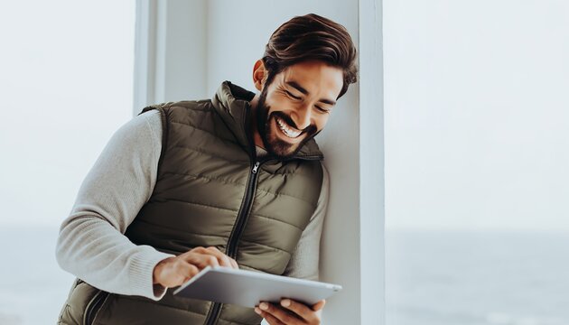 Smiling project manager using digital tablet while leaning against wall near a window, concept for communication, inspiration and relaxation