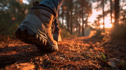 Sunset hike along a forest trail showing the texture of the path and the tread of a hiking shoe