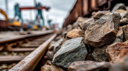 Close Up View of Rough Textured Rocks Beside Railroad Tracks with Blurred Industrial Background