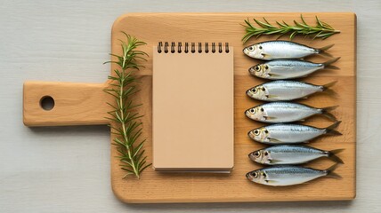 Fresh fish and rosemary on wooden cutting board with blank recipe notebook