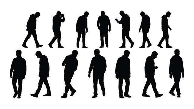Collection of male silhouettes in various poses isolated on white background, Vector