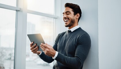 Happy young executive using digital tablet near window in modern office, concept for social media marketing, business communication and mobile technology