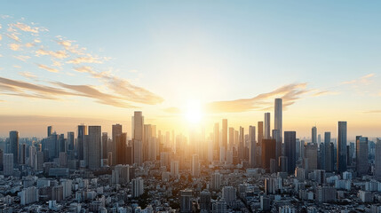 Sunrise city skyline modern skyscraper skyline urban sunrise glow calm atmosphere