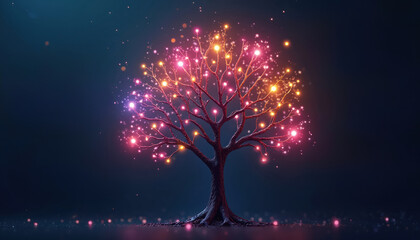 Abstract digital tree with glowing nodes, representing skills knowledge. Illustration features vibrant colors, minimalist design on dark background. Concept art shows growth, development innovation,