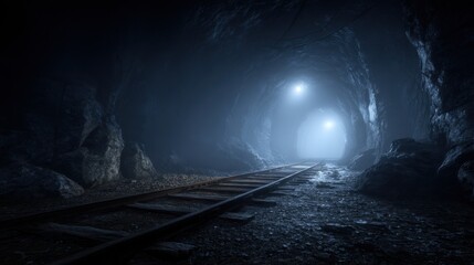 Naklejka premium Dark Tunnel Interior with Rail Tracks and Dim Lighting